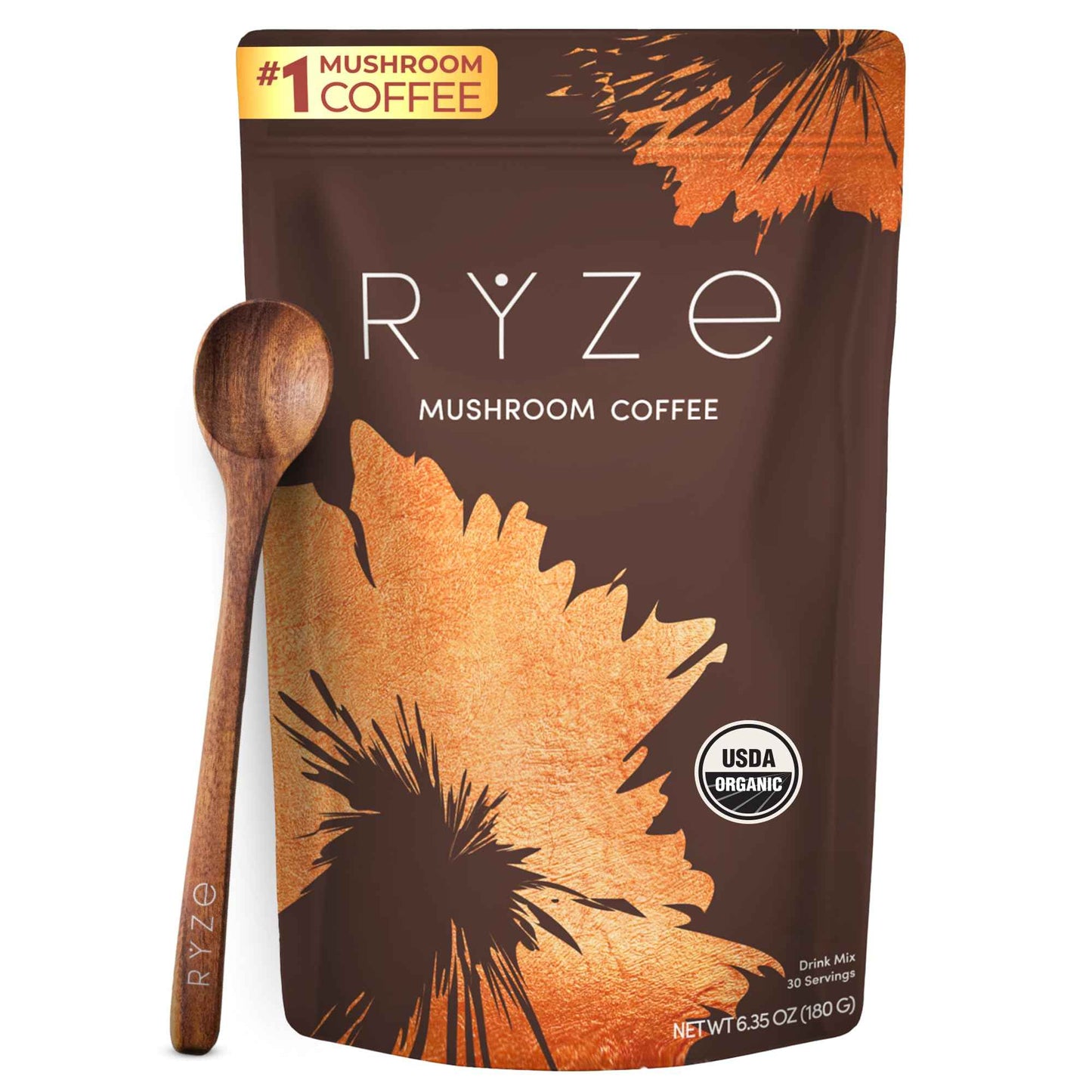 RYZE SUPERFOODS Mushroom Coffee USDA Organic — 6 Adaptogenic Mushrooms + MCT Oil, 30 Servings