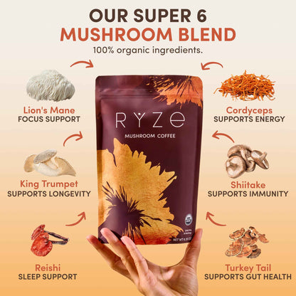 RYZE SUPERFOODS Mushroom Coffee USDA Organic — 6 Adaptogenic Mushrooms + MCT Oil, 30 Servings