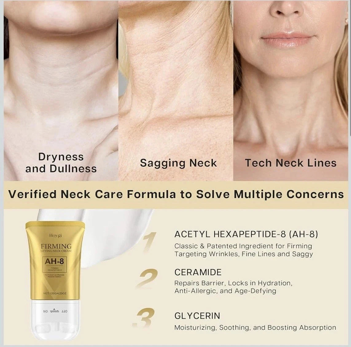 Hoygi Neck Lifting & Firming Cream with Roller Applicator 120g (4.23 oz) – Anti-Ageing – Brand New in Box
