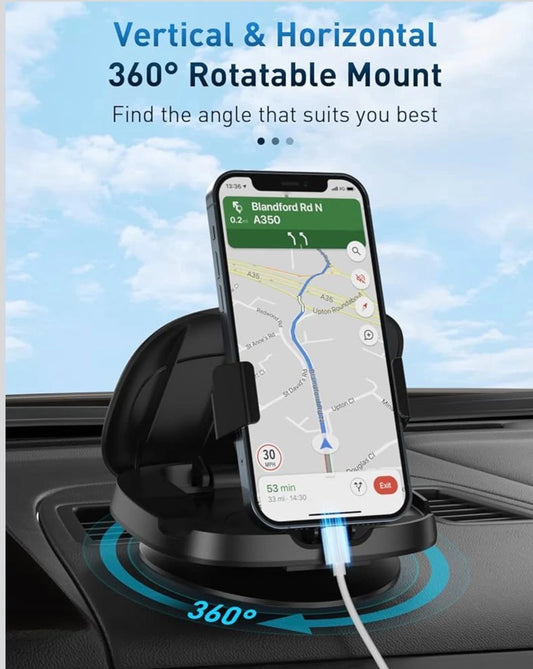 360° Rotatable Car Phone Mount Holder – Black – Washable, Reusable & Strong Adhesive